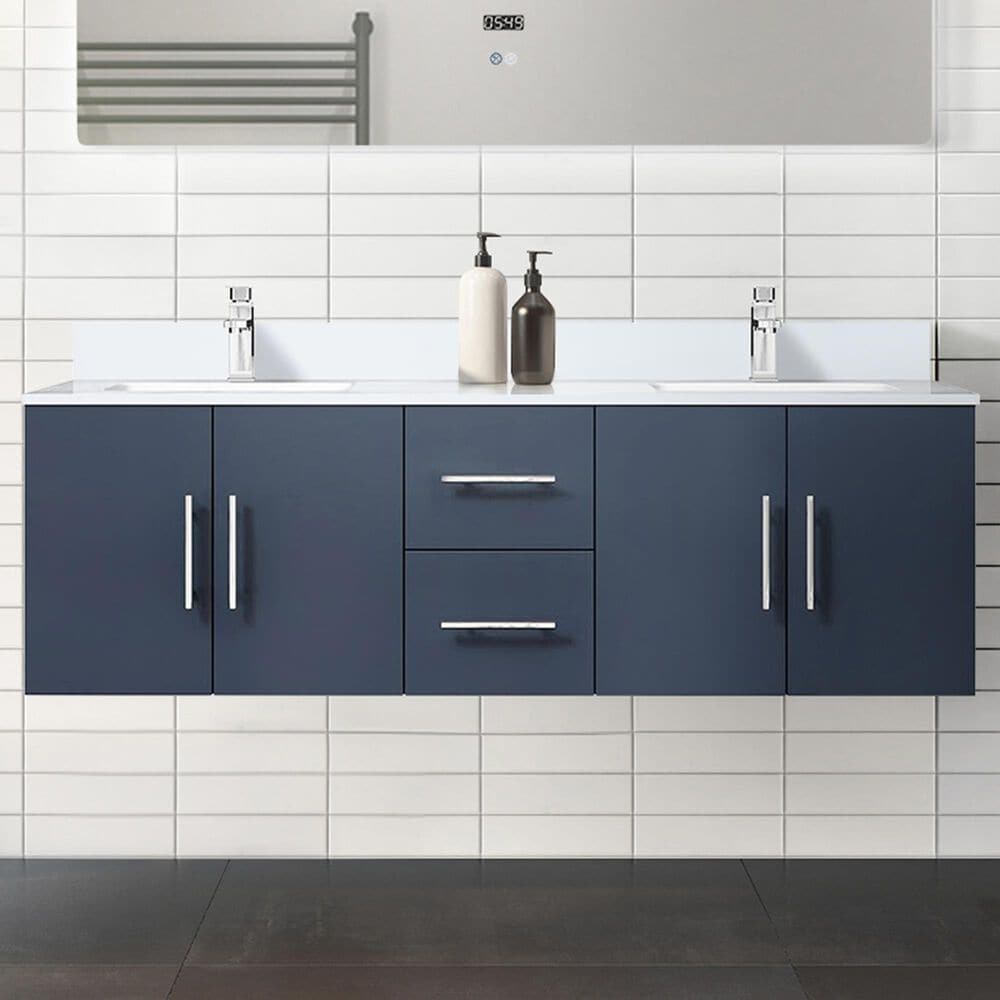 Lexora Home Geneva 60&quot; Double Bathroom Vanity in Navy Blue with 2 cm White Quartz Top and Rectangular Sinks, , large