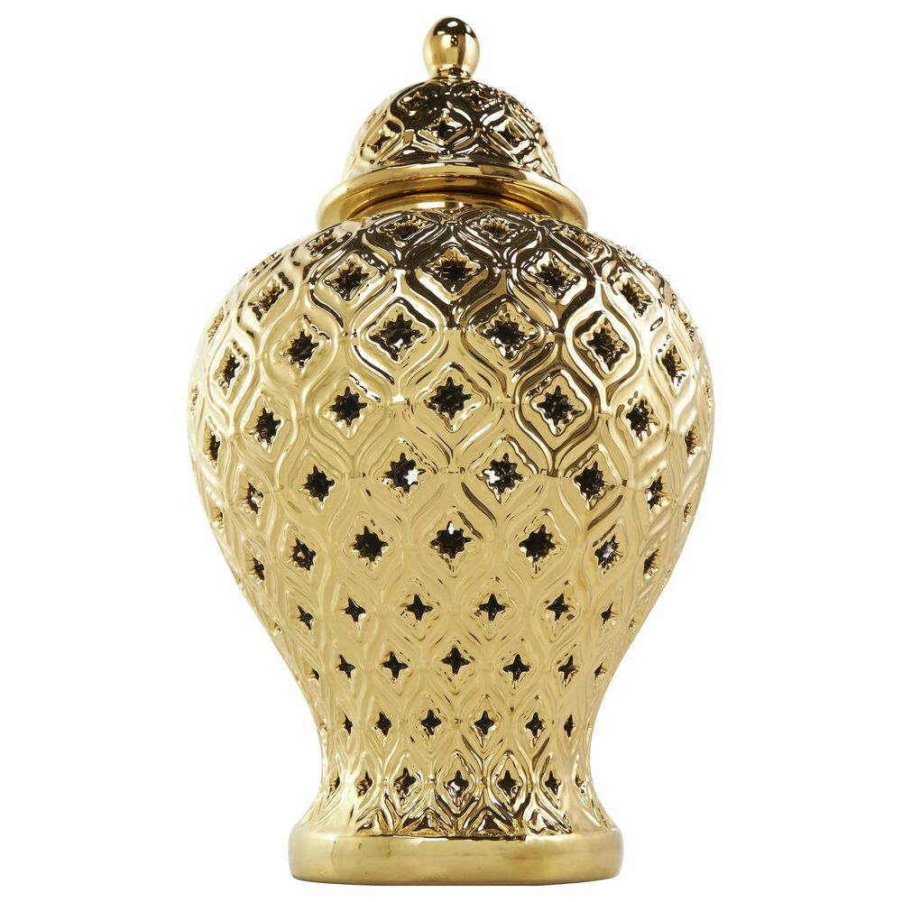 Maple and Jade Jar with Cutout Geometric Design and Lid in Polished Gold, , large