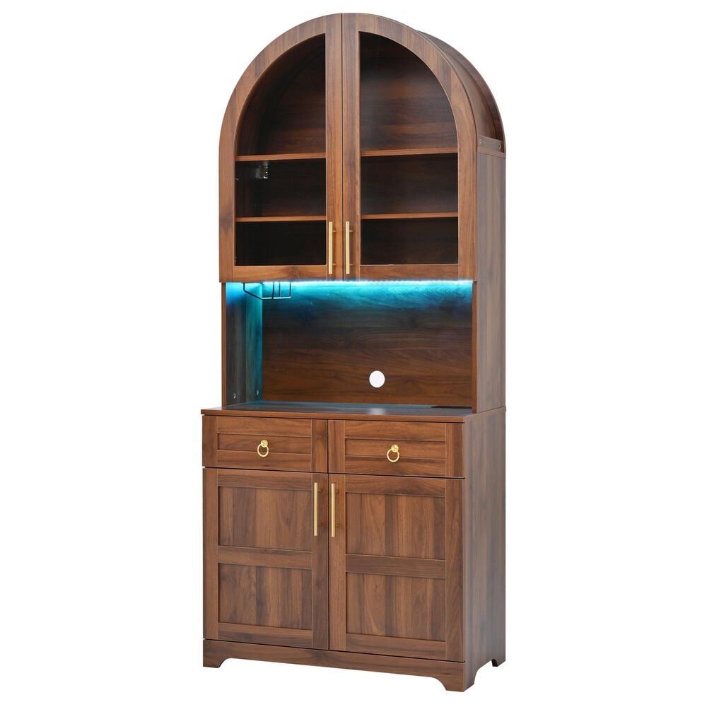 HOMLUX 75" Arched Kitchen Pantry Cabinet with LED Light in Walnut, , large