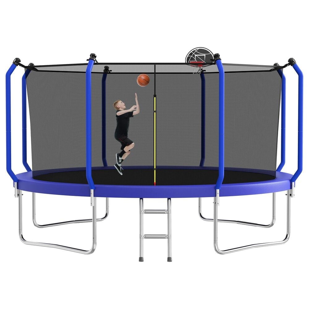 HOMLUX 14' Outdoor Trampoline with Enclosure Net and Ladder in Blue, , large