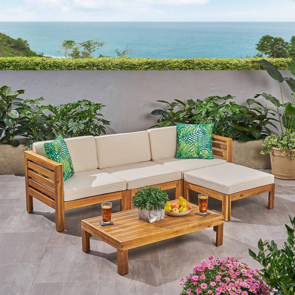 Hearth and Haven Cambridge 5-Piece Patio Conversation Set with Beige Cushion in Teak, , large