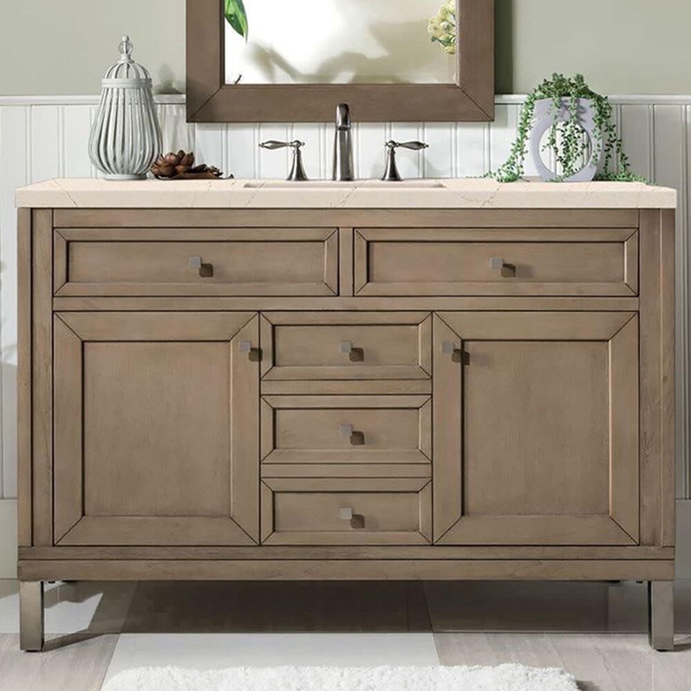 James Martin Vanities Chicago 48&quot; Single Bathroom Vanity in Whitewashed Walnut with 3 cm Eternal Marfil Quartz Top and Rectangular Sink, , large