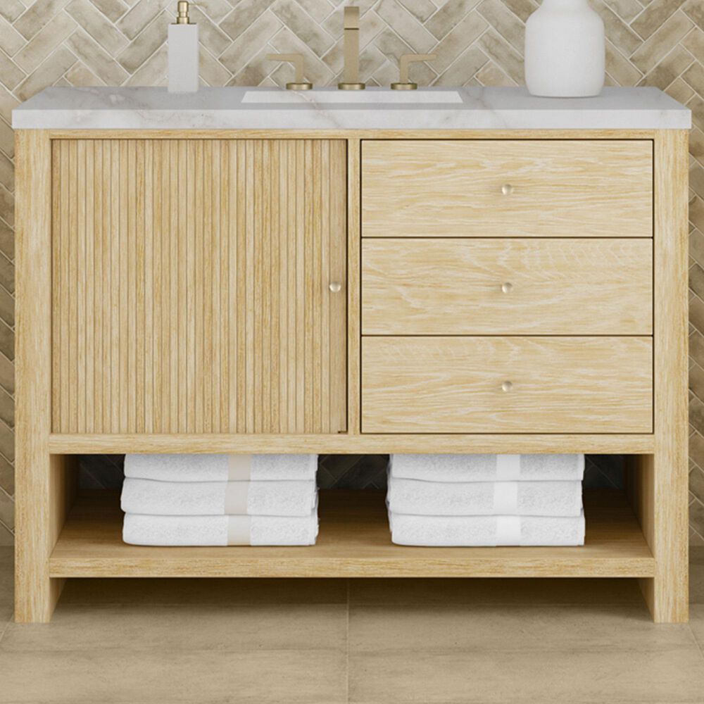 James Martin Marigot 48&quot; Single Bathroom Vanity in Sunwashed Oak with 3 cm Eternal Jasmine Pearl Quartz Top, Rectangular Sink and FreePower Wireless Charger, , large