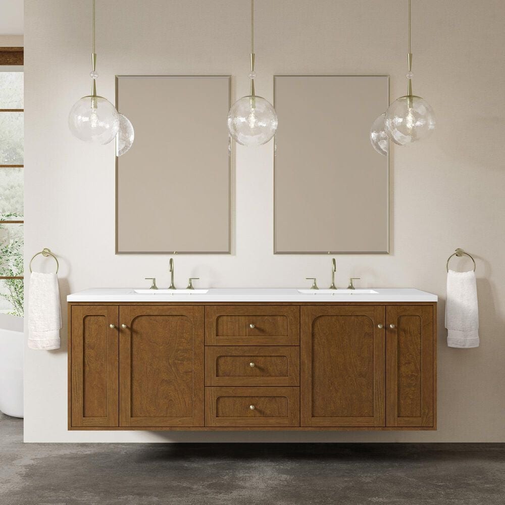 James Martin Laurent 72" Double Bathroom Vanity in Honey Oak with 3 cm White Zeus Silestone Top and Rectangular Sinks, , large