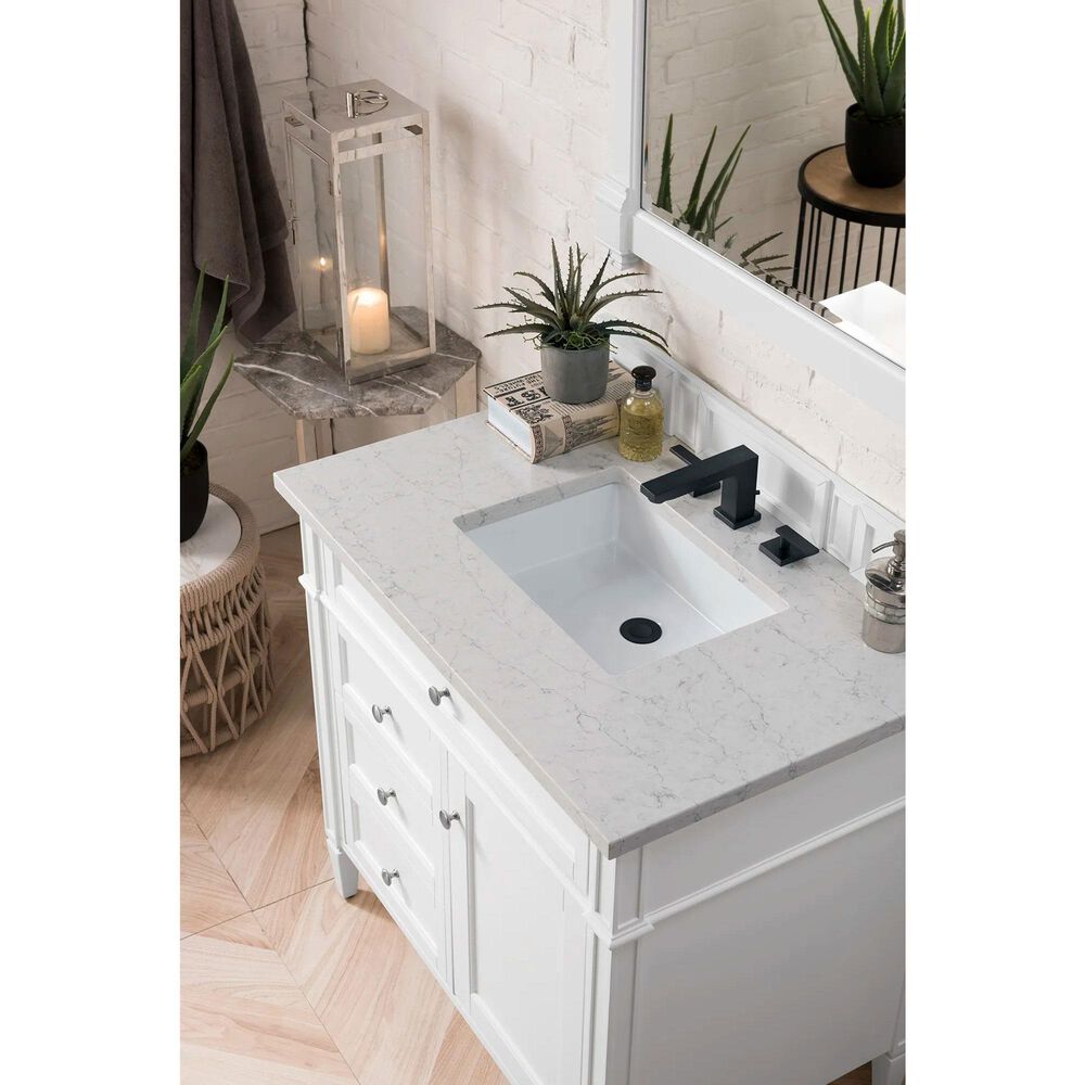 James Martin Vanities Brittany 36&quot; Single Bathroom Vanity in Bright White with 3 cm Carrara White Marble Top and Rectangle Sink, , large