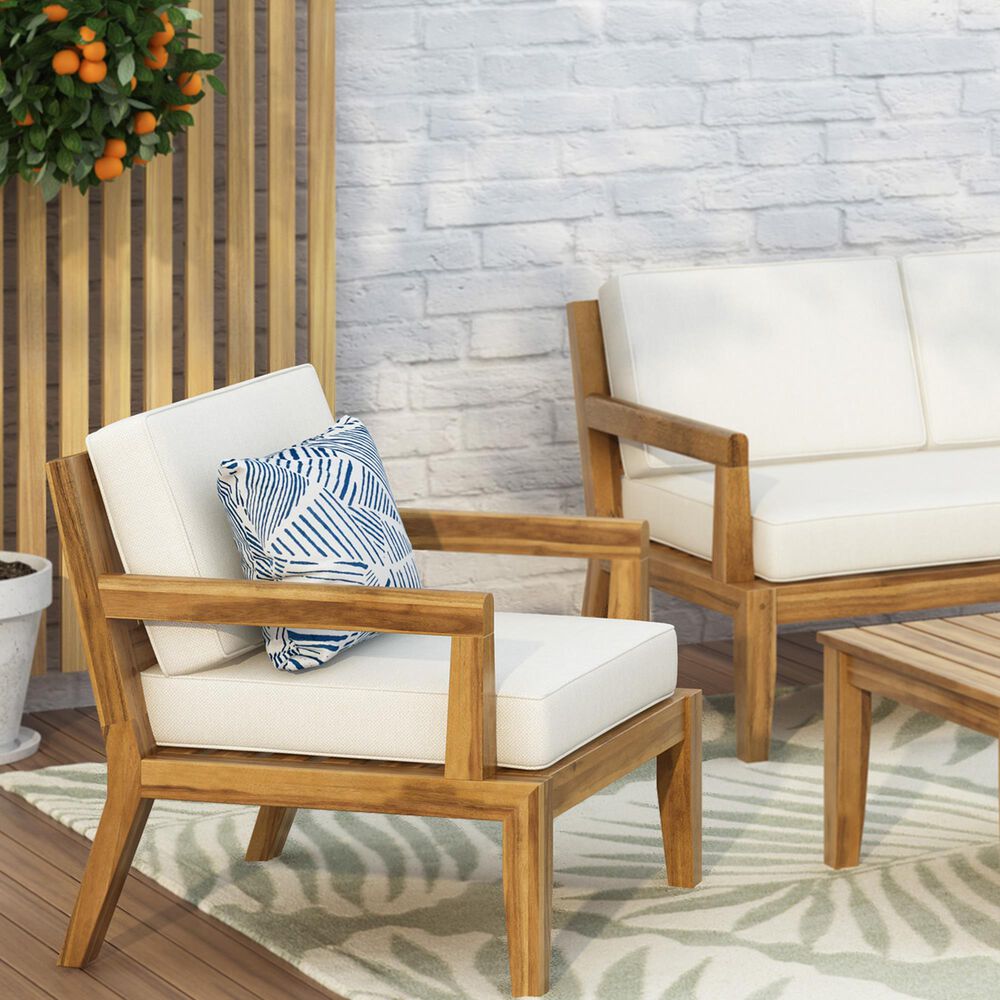 Hearth and Haven Outdoor Wood Club Chair with Beige Cushion in Teak, , large