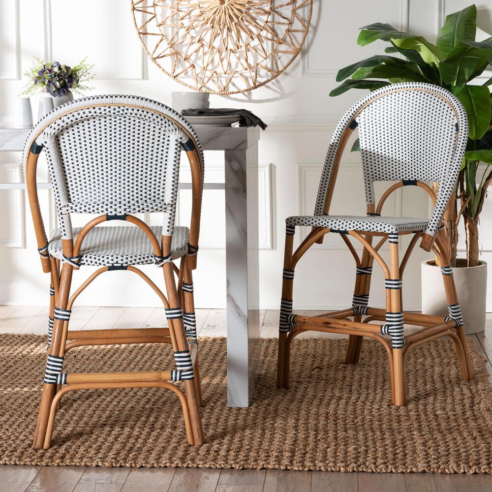 Baxton Studio Genica Counter Stool with Two-Tone Navy and White Weaving in Natural Rattan (Set of 2), , large