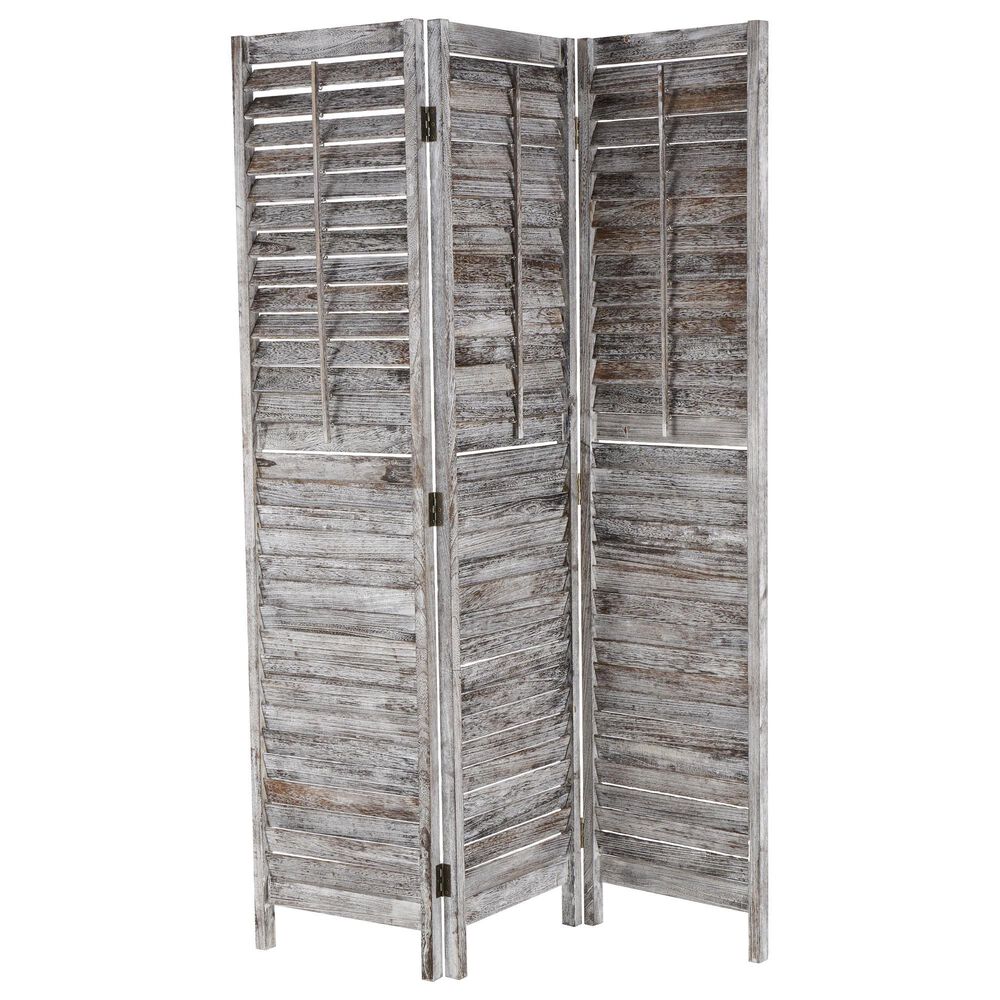 Maple and Jade 3-Panel Shutter Top Partition Room Divider Screen in Washed Gray and Brown, , large