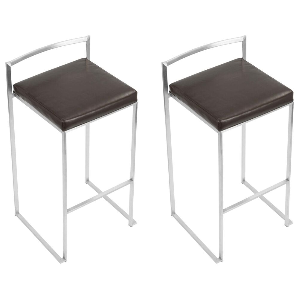 Lumisource Fuji Stackable Barstool with Brown Faux Leather in Brushed Stainless Steel &#40;Set of 2&#41;, , large