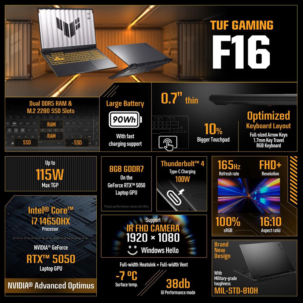 ASUS 16&quot; TUF F16 Gaming Laptop | Intel Core i7-14650HX - 16GB RAM - NVIDIA GeForce RTX Graphics - 1TB SSD in Black, , large