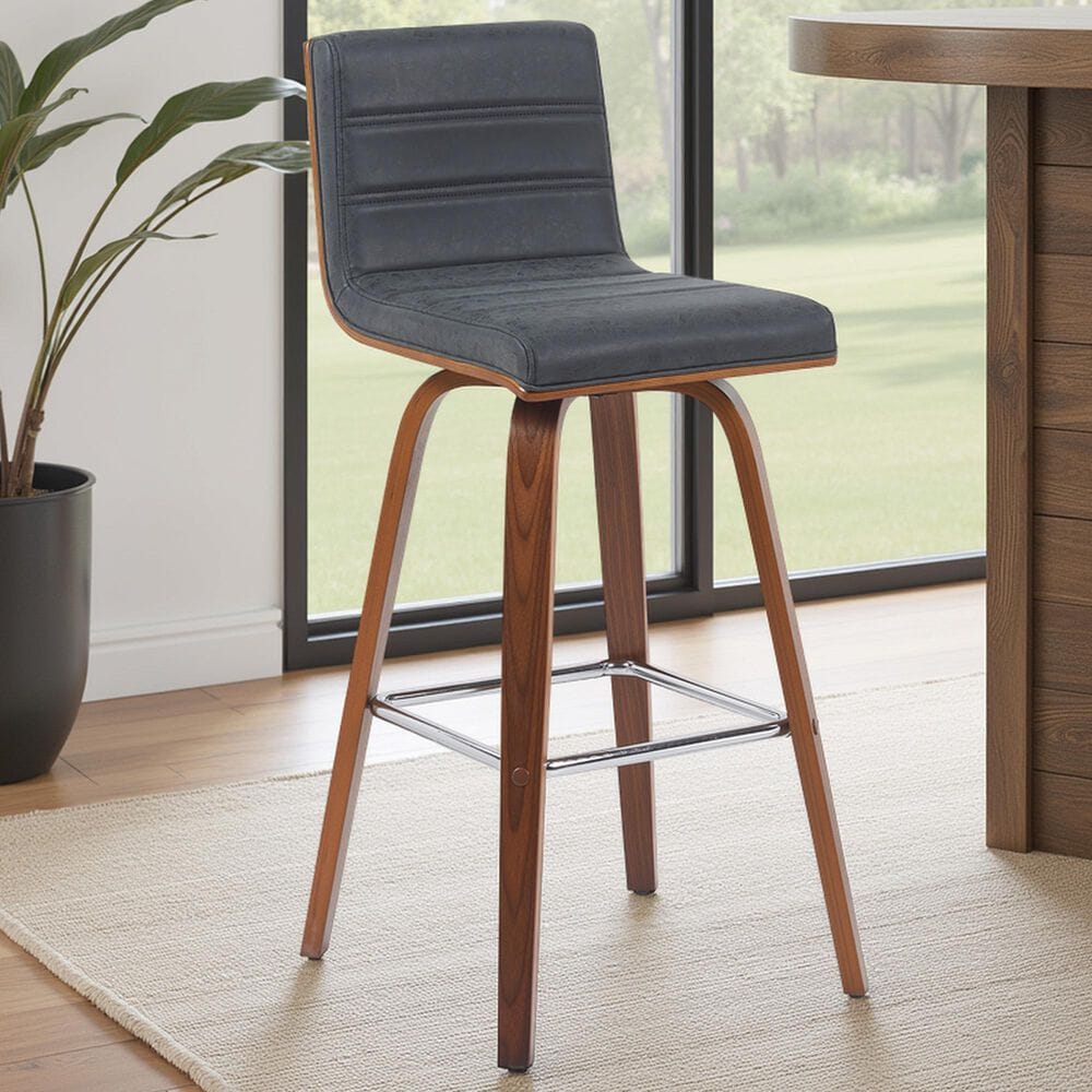 Armen Living Vienna Swivel Bar Height Stool with Vintage Black Upholstery in Walnut, , large