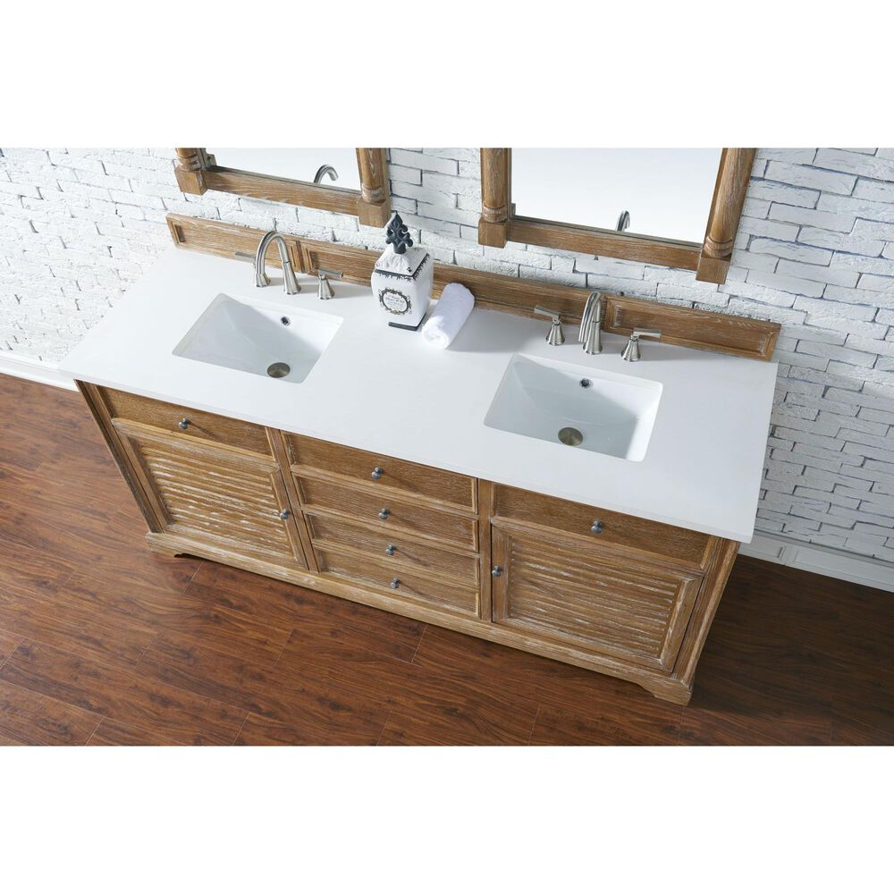 James Martin Vanities Savannah 72&quot; Double Bathroom Vanity in Driftwood with 3 cm White Zeus Quartz Top and Rectangular Sinks, , large