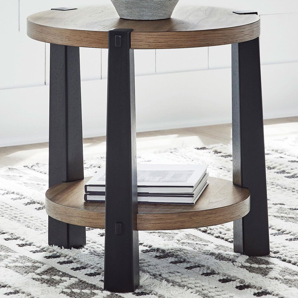 Ashley Ridgester Round End Table in Light Brown and Matte Black, , large