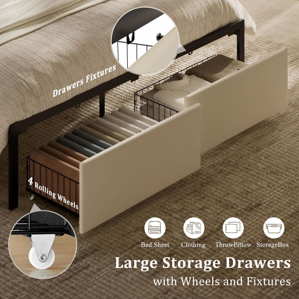 HOMLUX Full Upholstered Platform Storage Bed Frame with Storage Headboard in Beige, , large