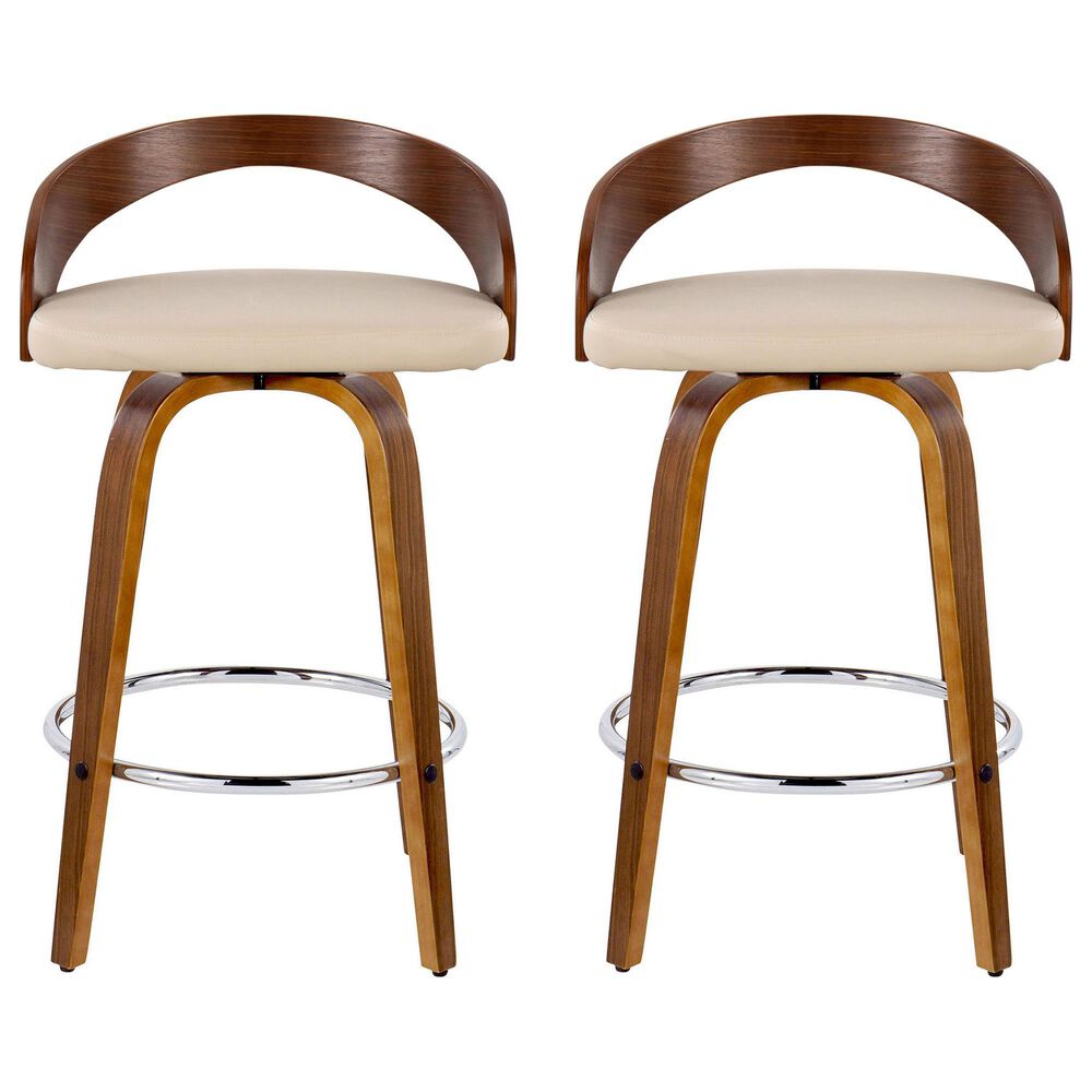 LumiSource Grotto 26" Swivel Counter Stool with Cream Faux Leather Upholstery in Walnut and Chrome (Set of 2), , large