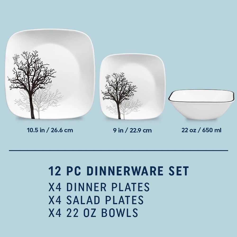 Corelle Timber Shadows 12-Piece Square Dinnerware Set in White, Black and Gray, , large