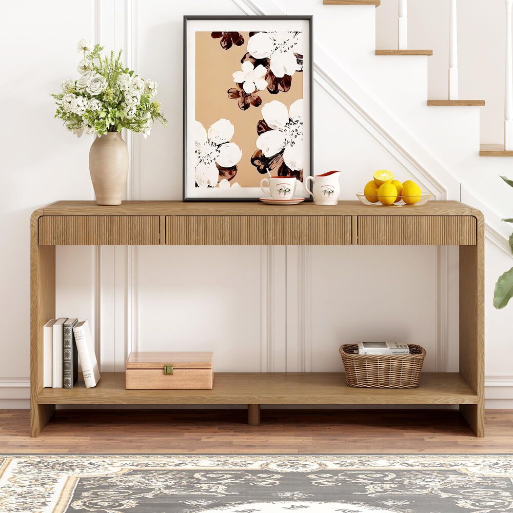 Hearth and Haven 3-Drawer Console Table with Open Shelf in Brown, , large