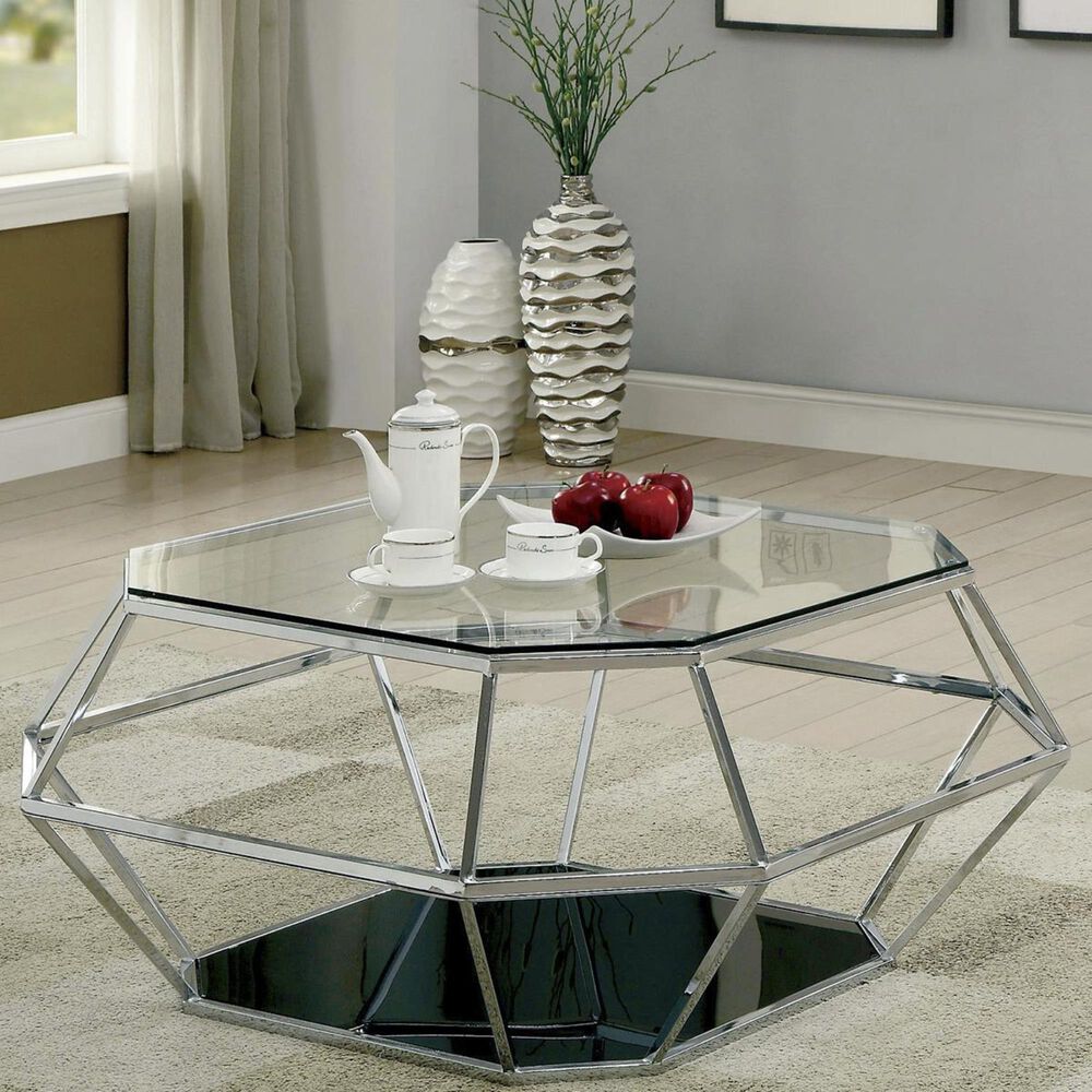 Furniture of America Starks Hexagonal Glass Top Coffee Table in Chrome, , large