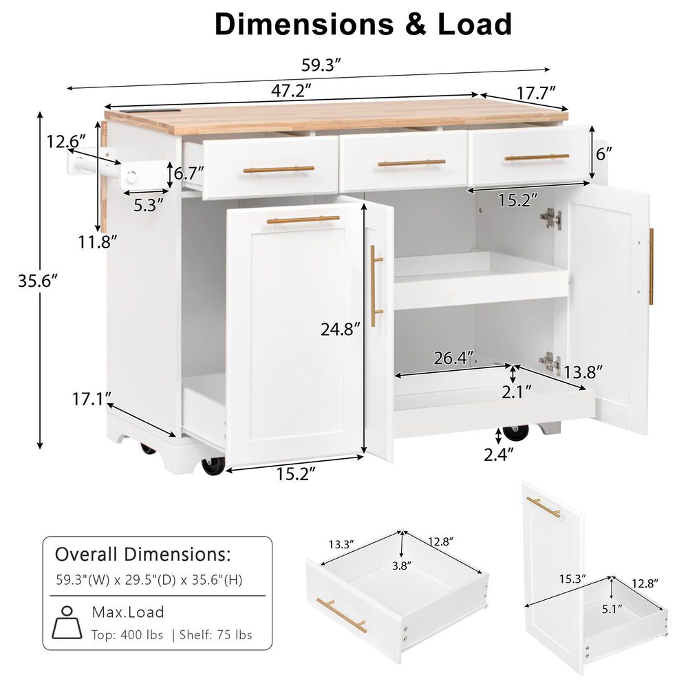 HOMLUX 59" Kitchen Island with 2 Pull Out Cabinet Organizers in White, , large