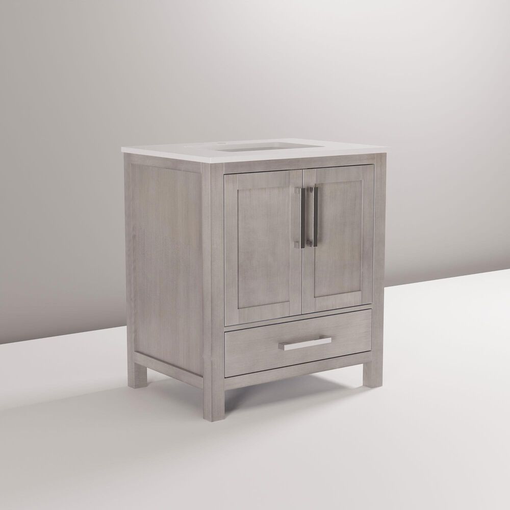 Lexora Home Jacques 30&quot; Single Bathroom Vanity in Distressed Grey with 2 cm White Quartz Top and Rectangular Sink, , large