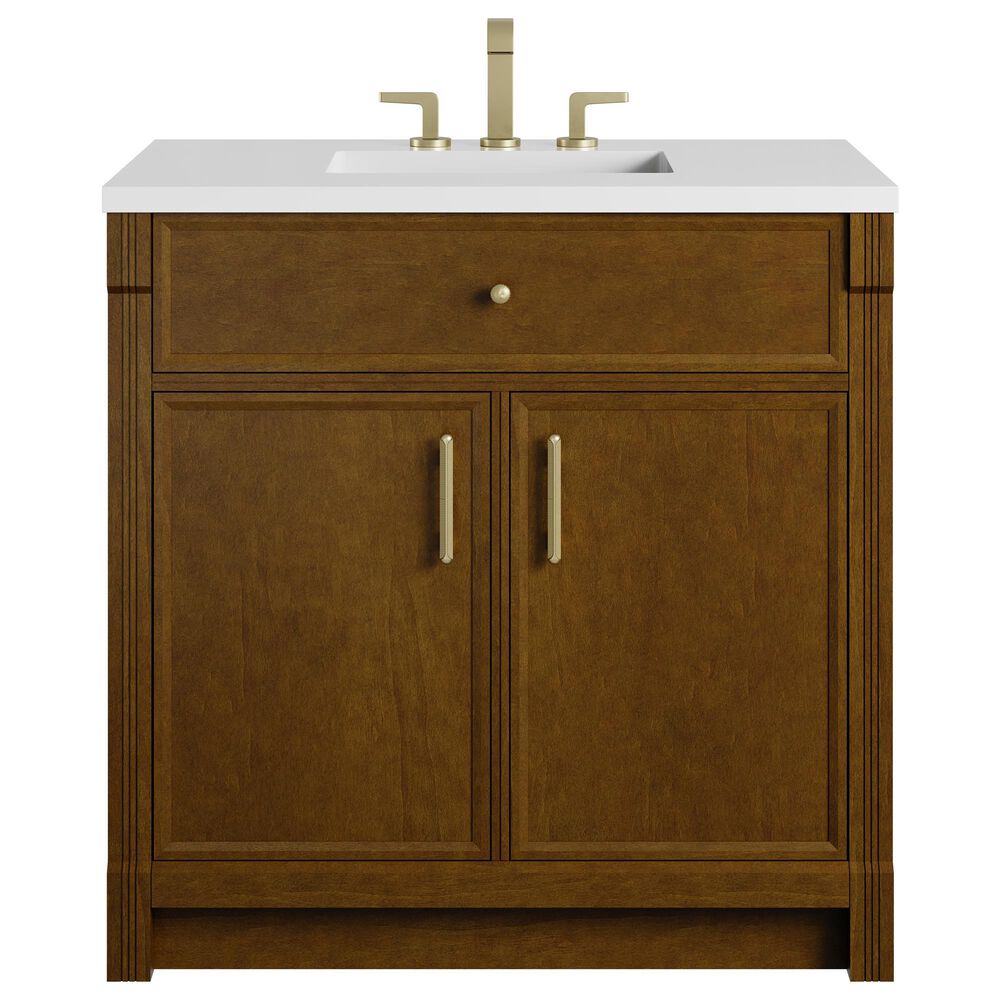 James Martin Bellshire 36" Single Bathroom Vanity in Honey Oak with 3 cm White Zeus Silestone Top and Rectangular Sink, , large