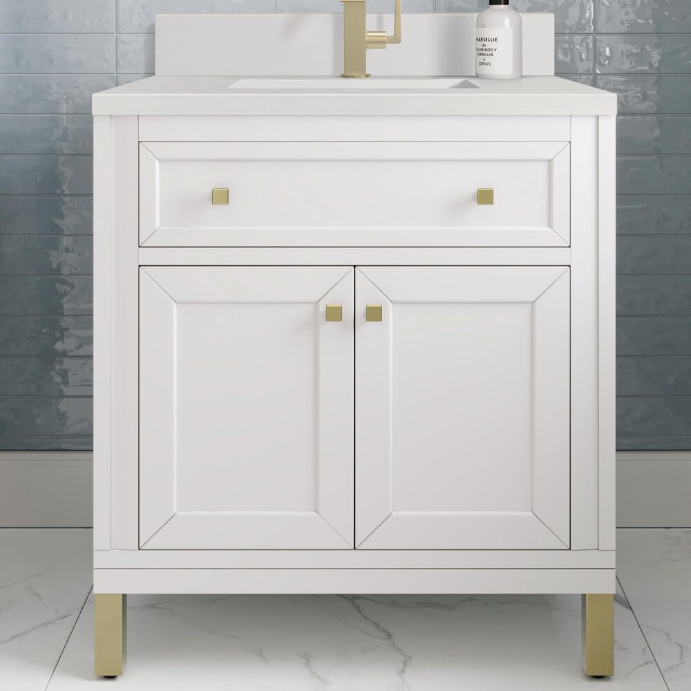 James Martin Vanities Chicago 30&quot; Single Bathroom Vanity in Glossy White with Single Hole 3 cm White Zeus Quartz Top and Rectangular Sink, , large