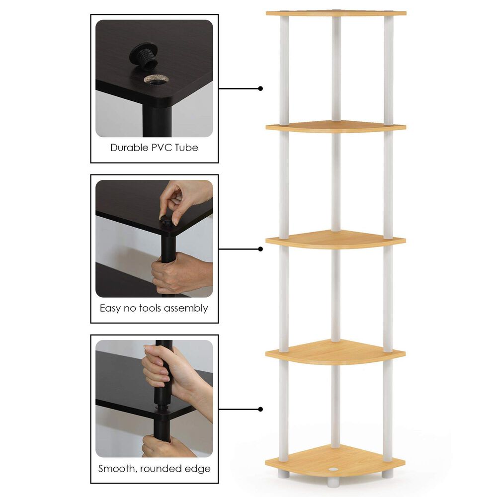 HOMLUX 5-Tier Modern Tall Corner Open Bookshelf in Beech and White, , large