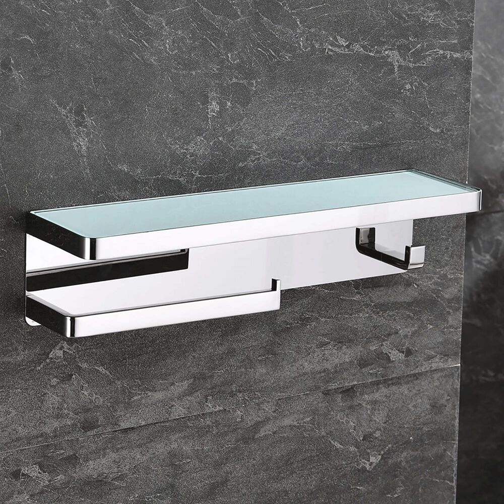 Lexora Home Bagno Bianca Towel Bar and Robe Hook with Glass Shelf in Chrome and White, , large