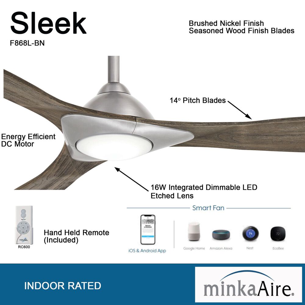 Minka-Aire Sleek 60" Smart Ceiling Fan with LED Light in Brushed Nickel, , large