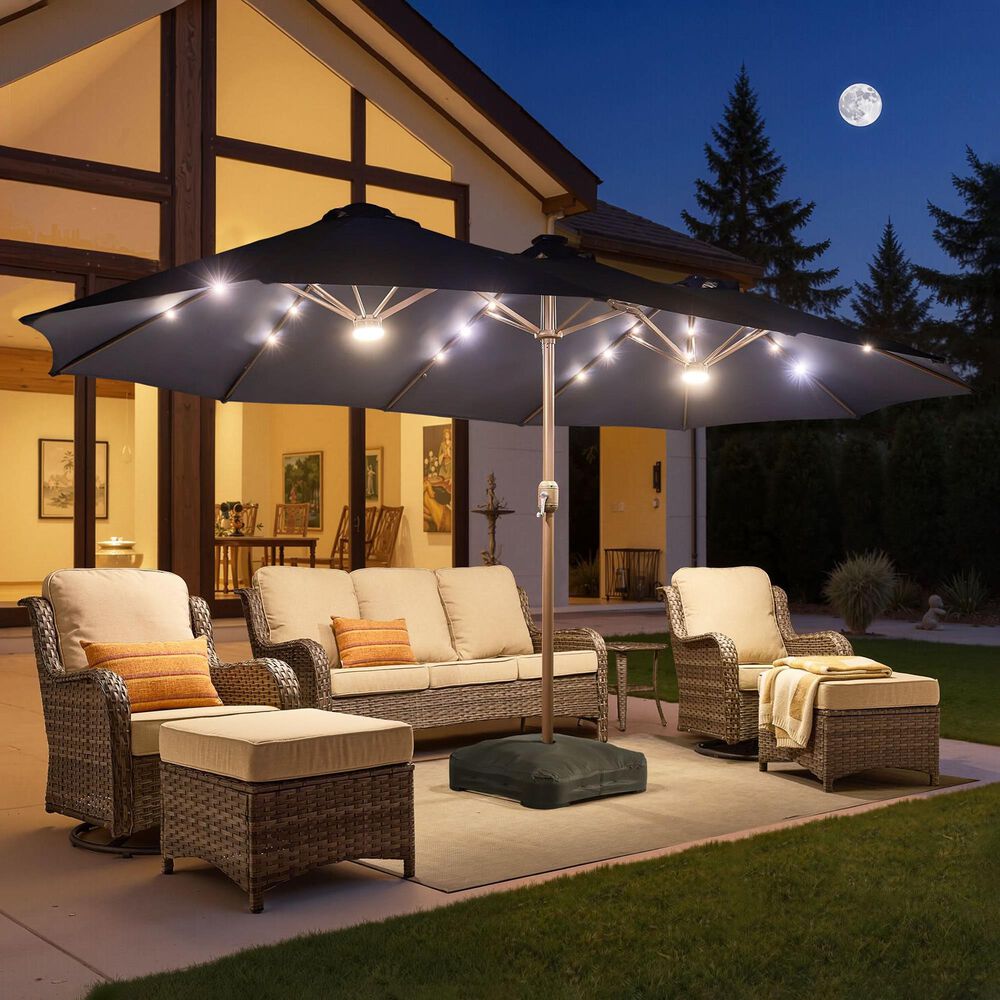 HOMLUX 15' Outdoor Market Umbrella with Sandbags Base and LED Lights in Dark Blue, , large