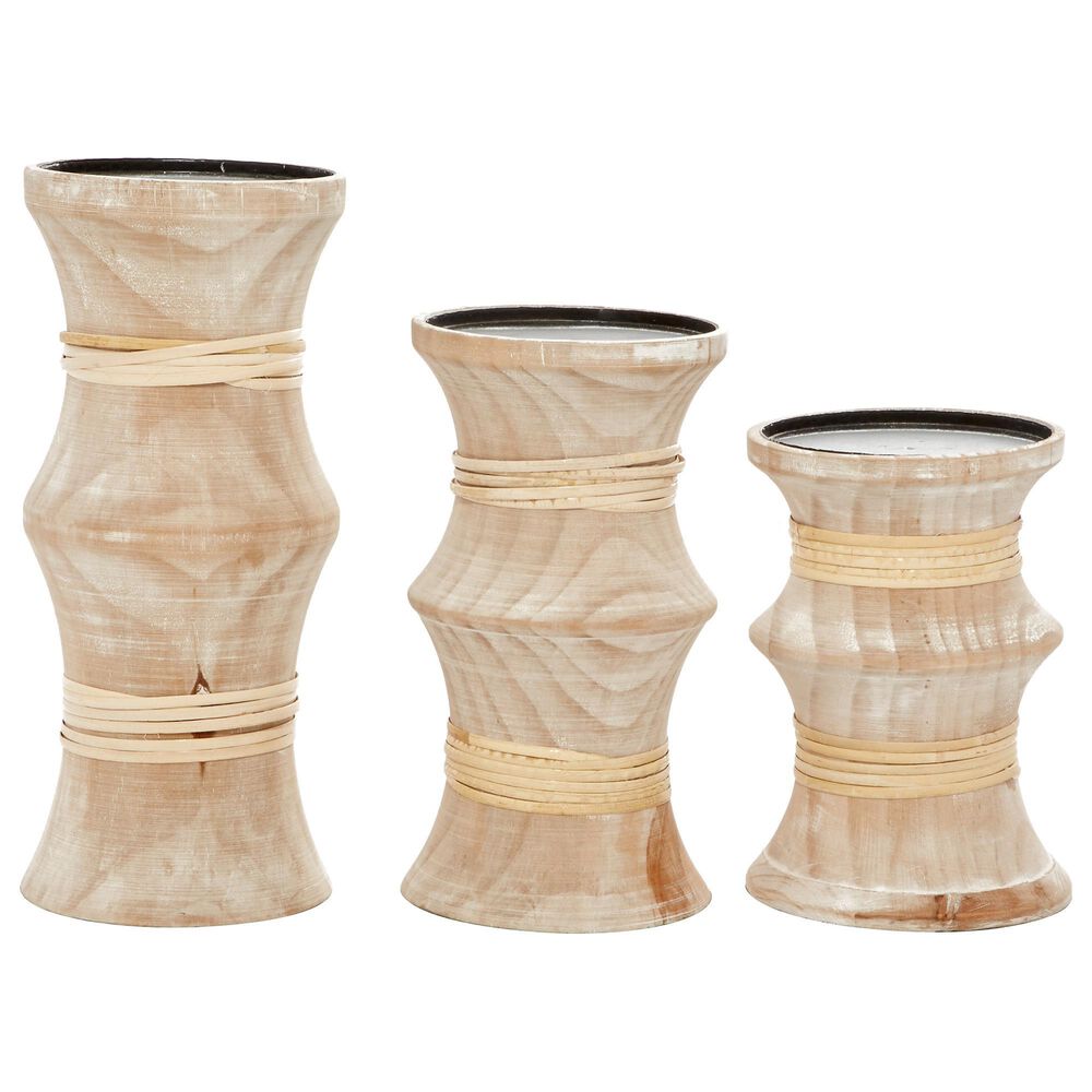 Maple and Jade Coastal Wood Candle Holder in Brown and White Washed (Set of 3), , large