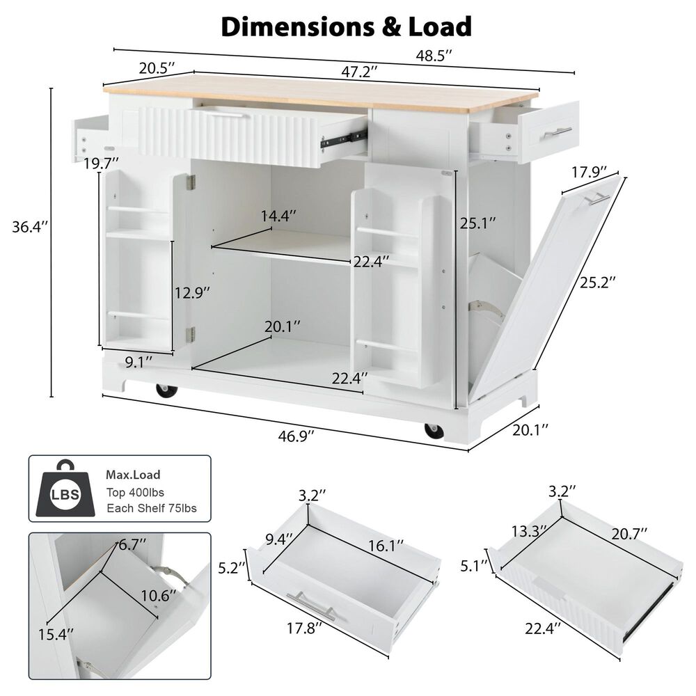 HOMLUX 47" Fluted Kitchen Island with Trash Can Storage Cabinet in White and Natural, , large