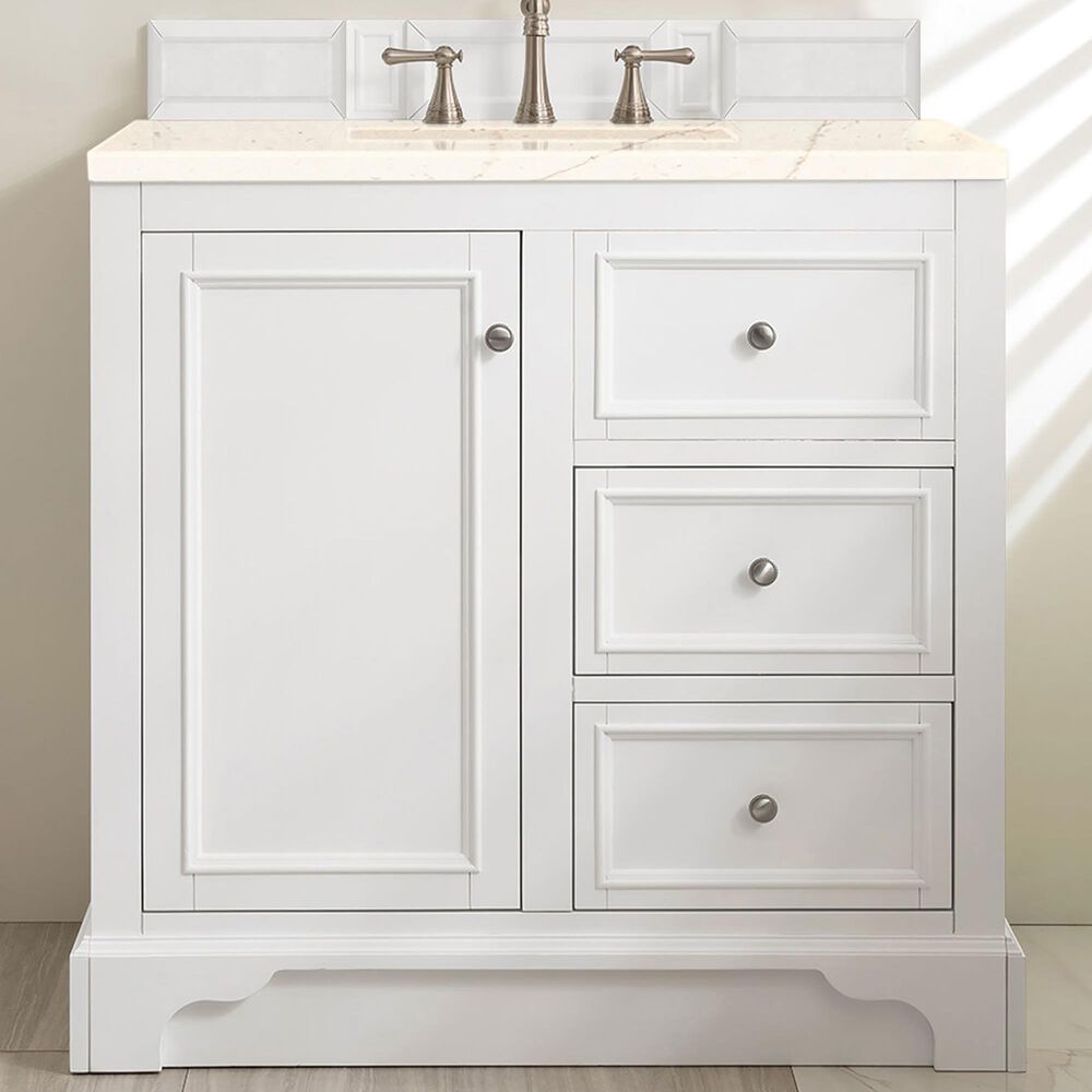 James Martin Vanities De Soto 36&quot; Single Bathroom Vanity in Bright White with 3 cm Eternal Marfil Quartz Top and Rectangular Sink, , large