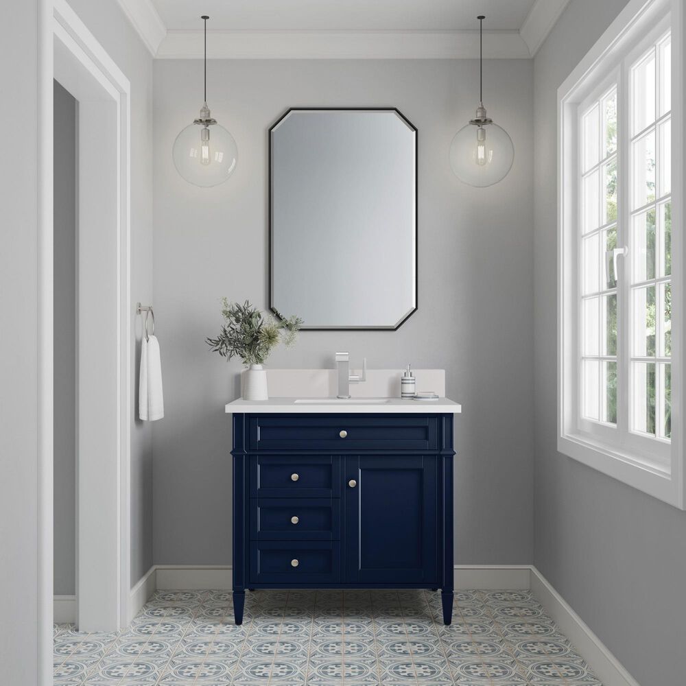 James Martin Vanities Brittany 36" Single Bathroom Vanity in Victory Blue with Single Hole 3 cm White Zeus Quartz Top and Rectangular Sink, , large