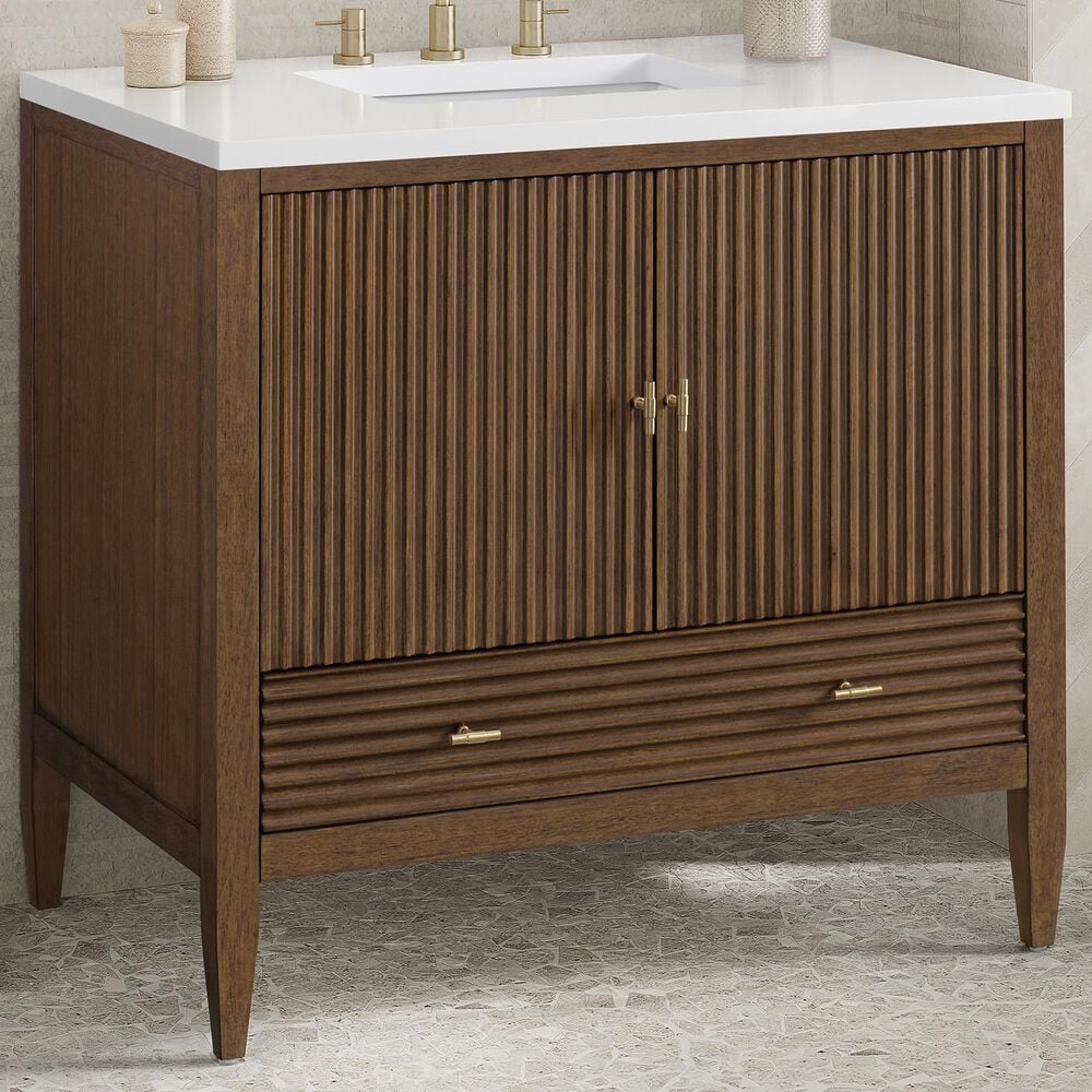James Martin Vanities Myrrin 36&quot; Vanity in Mid Century Walnut with 3 cm White Zeus Quartz Top, , large