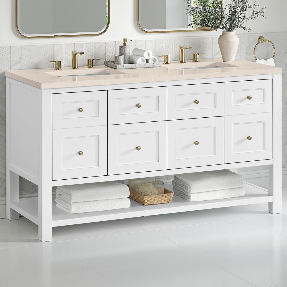 James Martin Vanities Breckenridge 60&quot; Double Bathroom Vanity in Bright White with 3 cm Eternal Marfil Quartz Top and Rectangular Sinks, , large