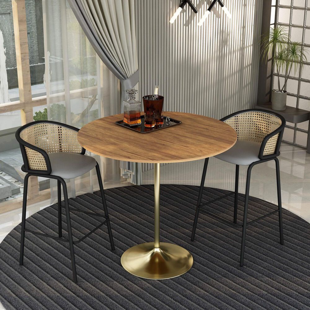 Leisuremod LeisureMod Verve Collection Modern Bar Height Table Brushed Gold Base with 48 Round Cognac Brown MDF Top, , large