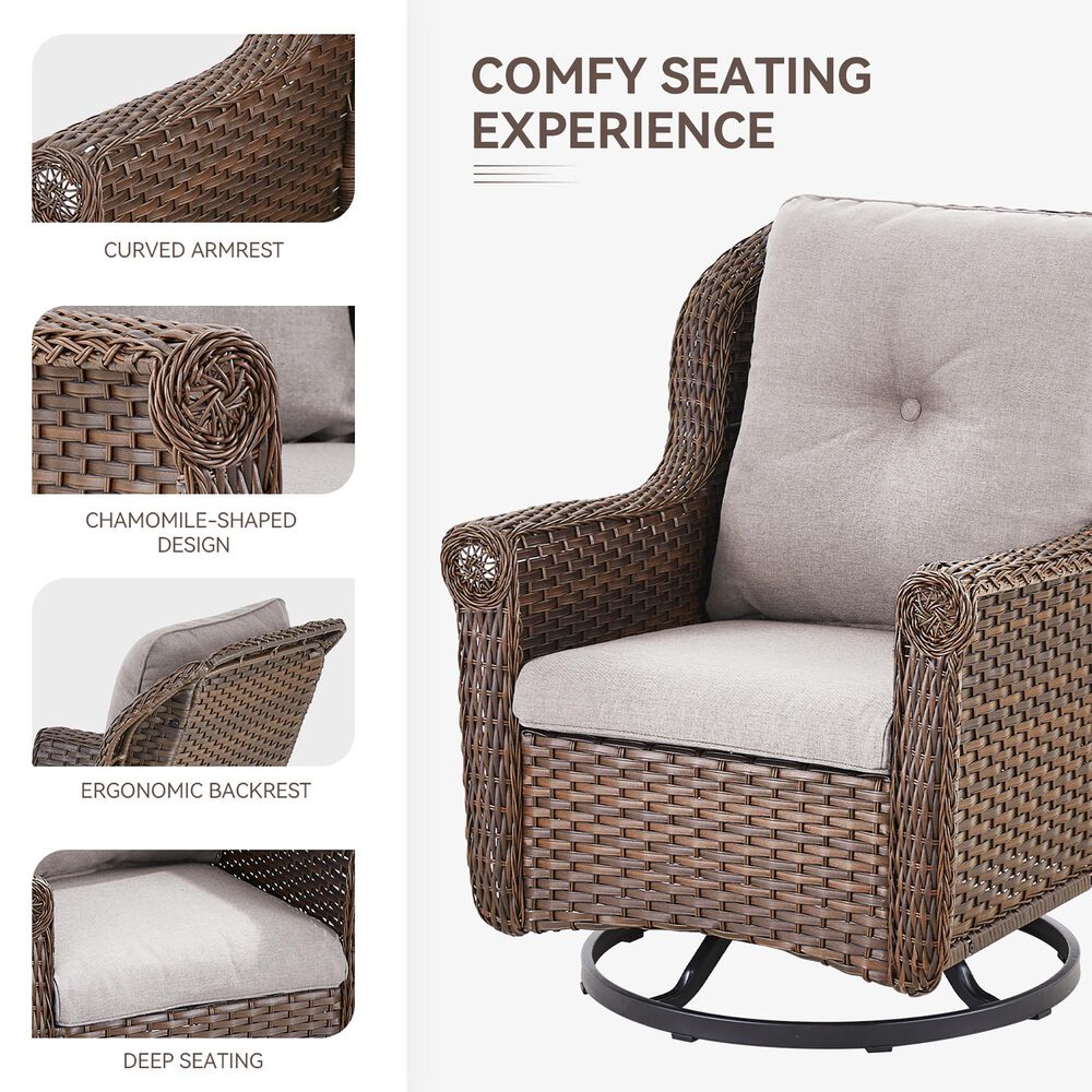 Sunwell Garden 36" Patio Swivel Glider Chair with Wicker Armrest in Beige (Set of 2), , large