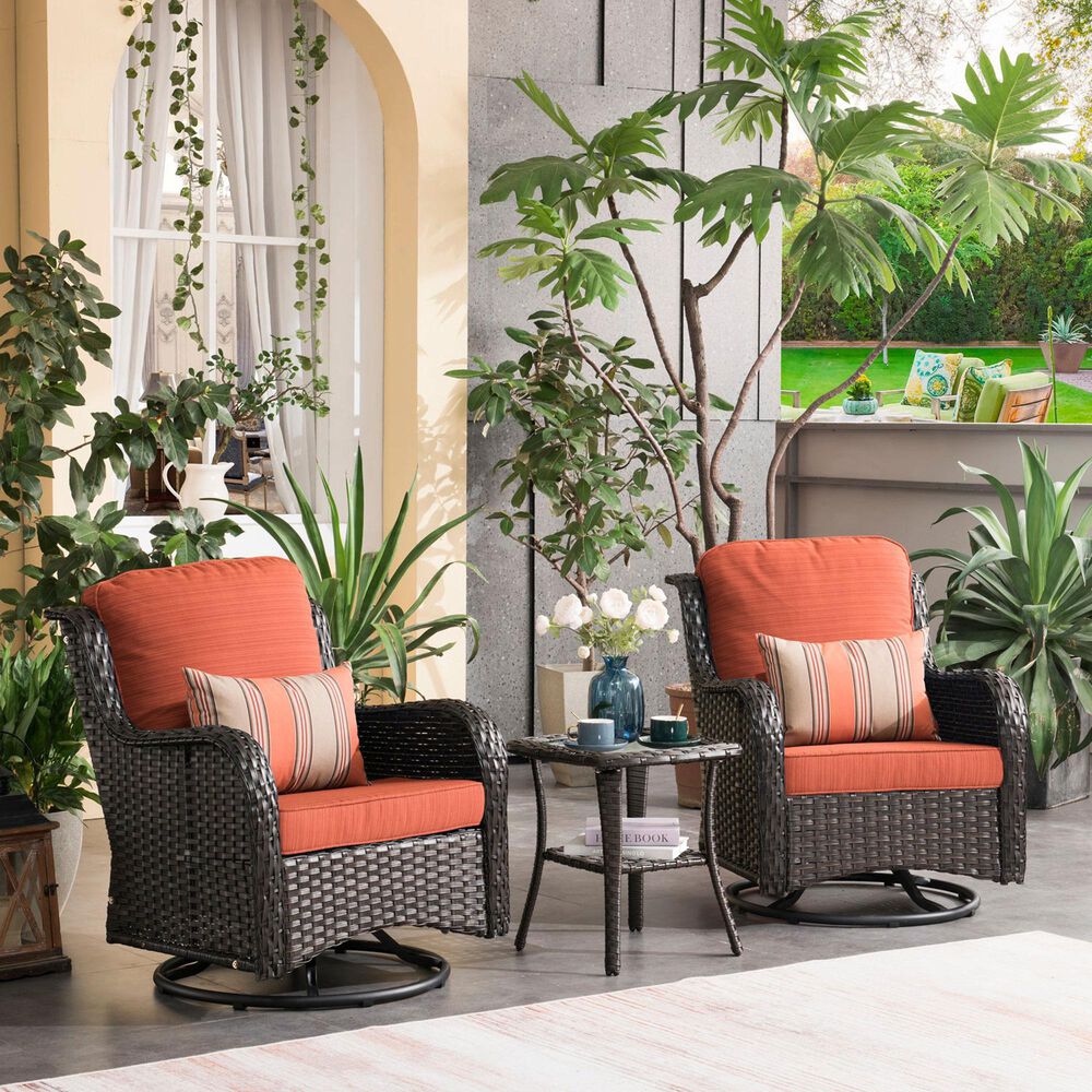 HOMLUX 3-Piece Patio Conversation Set with Curved-Arm Swivel Rocking Chairs and Brown Wicker in Orange, , large