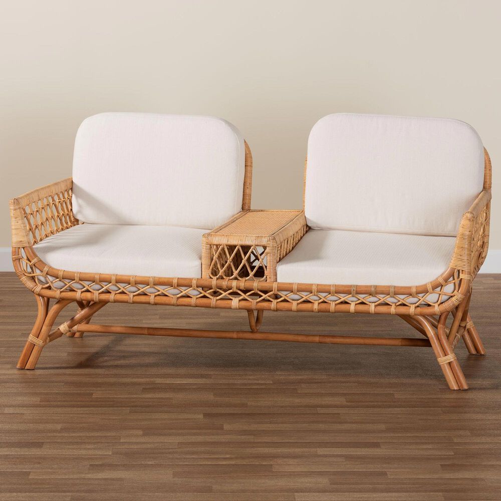 Baxton Studio Pakis Stationary Tete-a-Tete Sofa with Light Honey Rattan in Neutral, , large
