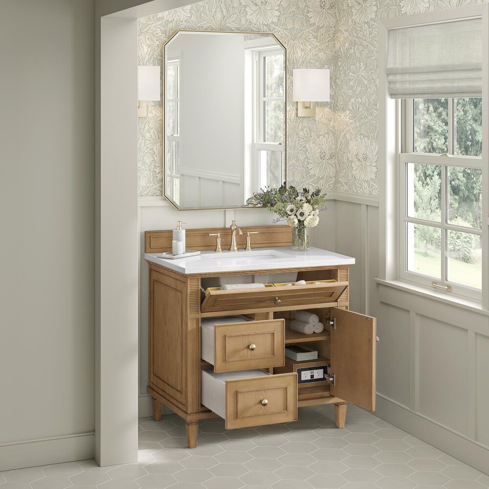 James Martin Vanities Lorelai 36" Single Vanity in Light Natural Oak with 3 cm White Zeus Quartz Top, , large