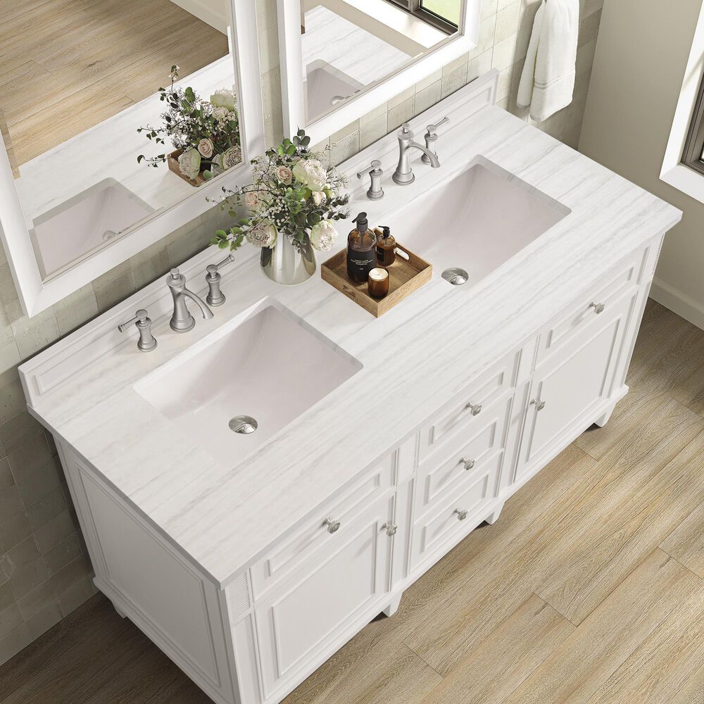 James Martin Vanities Lorelai 60&quot; Double Vanity in Bright White with 3 cm Arctic Fall Solid Surface Top, , large