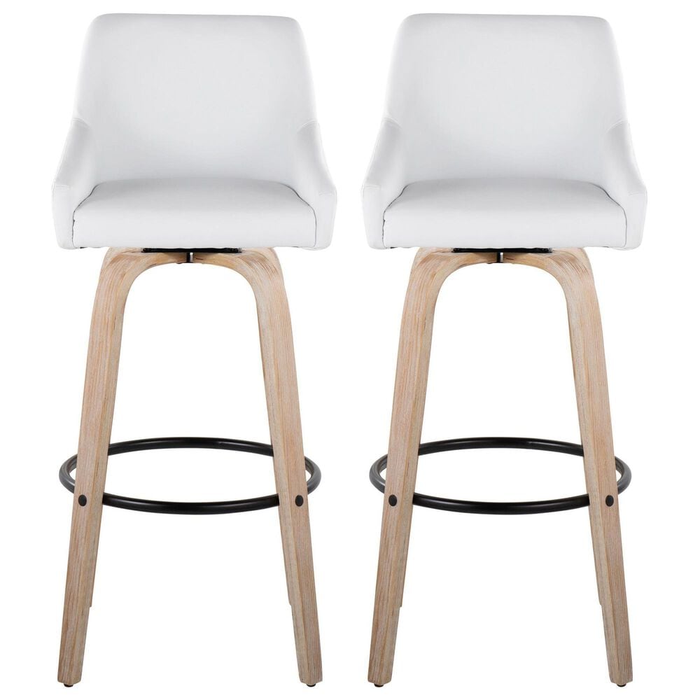 LumiSource Hannah Swivel Bar Stool with White Faux Leather Upholstery in Whitewashed and Black (Set of 2), , large