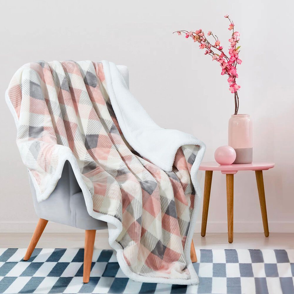 Duke Imports Flannel Sherpa Plaid Throw in Pink and Grey, , large