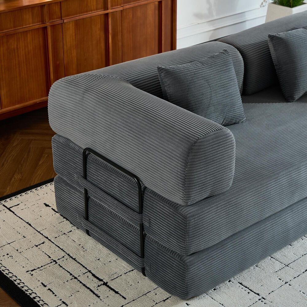 GigaCloud Corduroy Convertible Sleeper Sofa with Cylindrical Pillow in Gray, , large