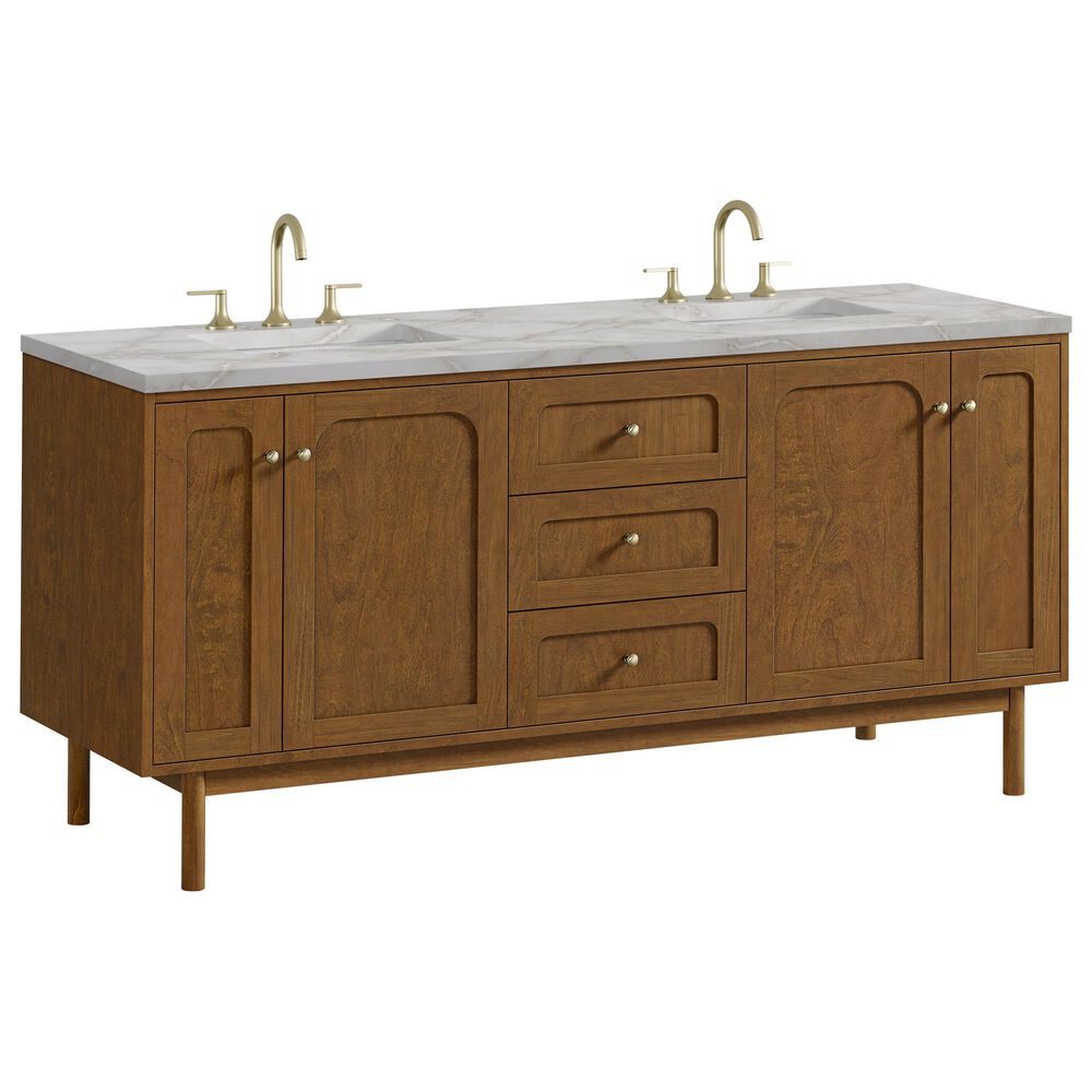 James Martin Laurent 72" Double Bathroom Vanity in Honey Oak with 3 cm Victorian Silver Silestone Top and Rectangular Sinks, , large