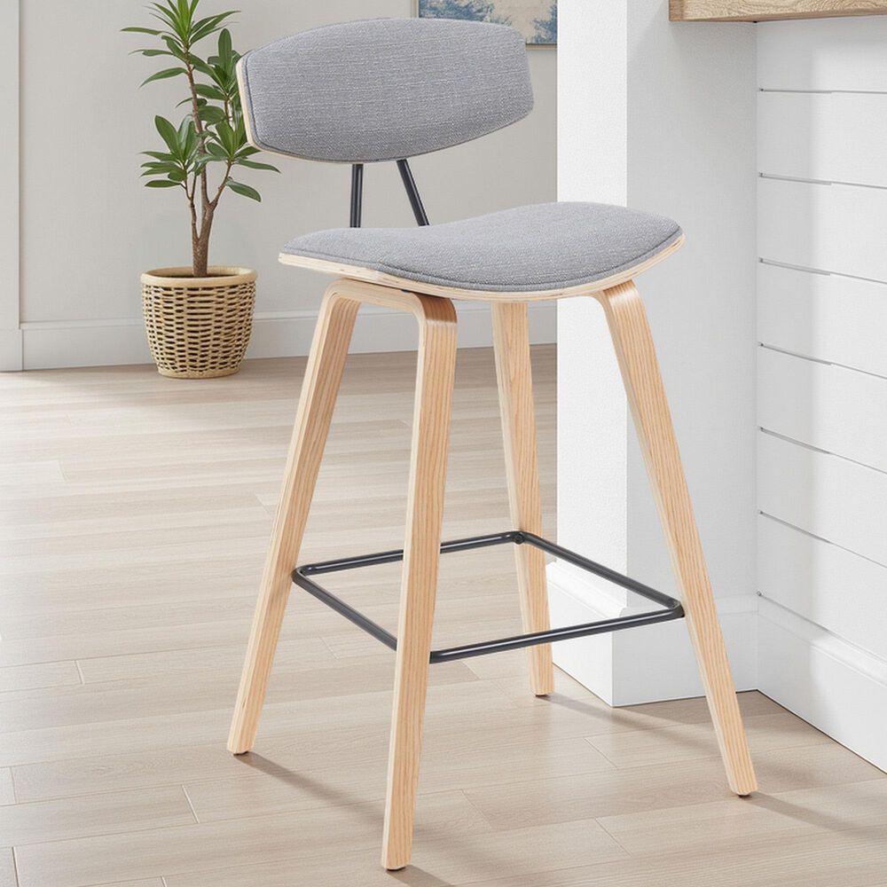 Armen Living Fox Bar Height Stool with Gray Upholstery in Patterned Oak, , large