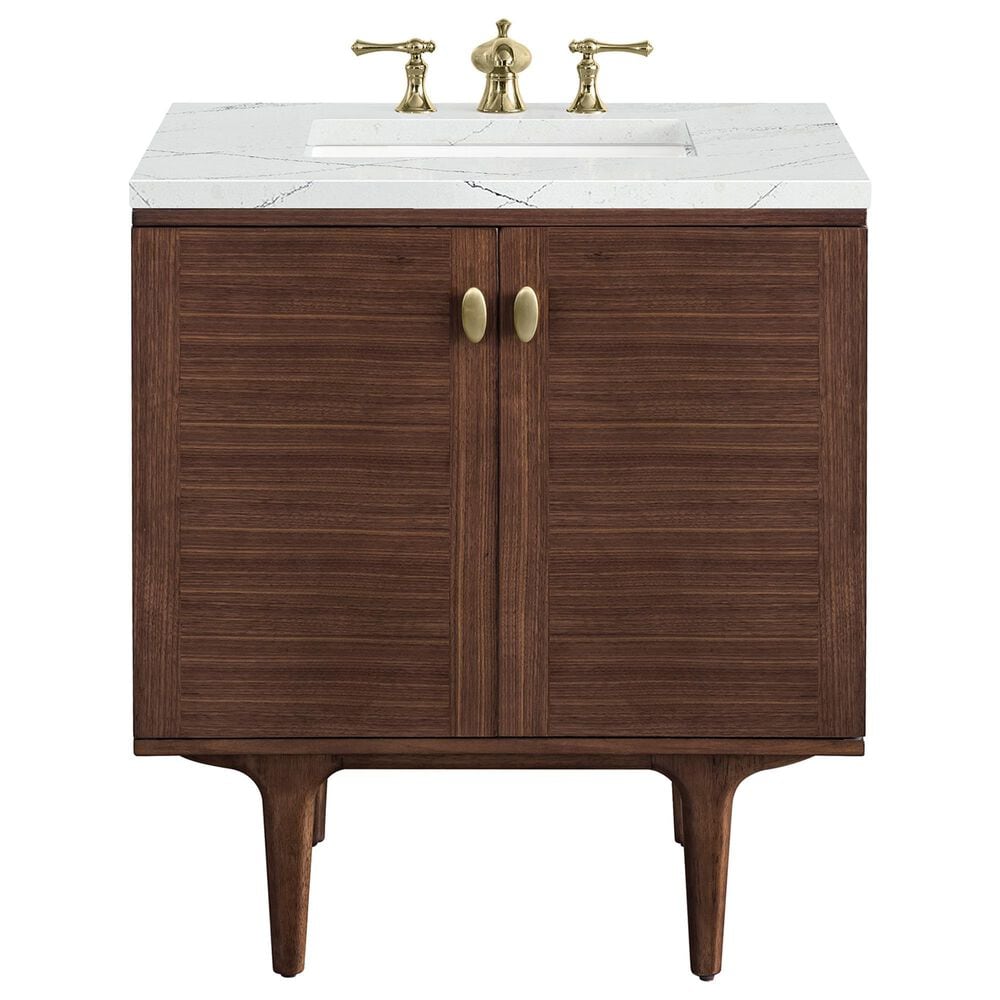 James Martin Vanities Amberly 30" Single Bathroom Vanity in Walnut with 3 cm Ethereal Noctis Quartz Top and Rectangular Sink, , large