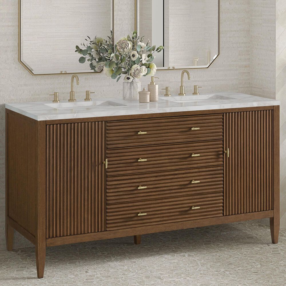 James Martin Vanities Myrrin 60" Double Bathroom Vanity in Mid-Century Walnut with 3 cm Eternal Jasmine Pearl Silestone Top, Rectangular Sinks and FreePower Wireless Charger, , large