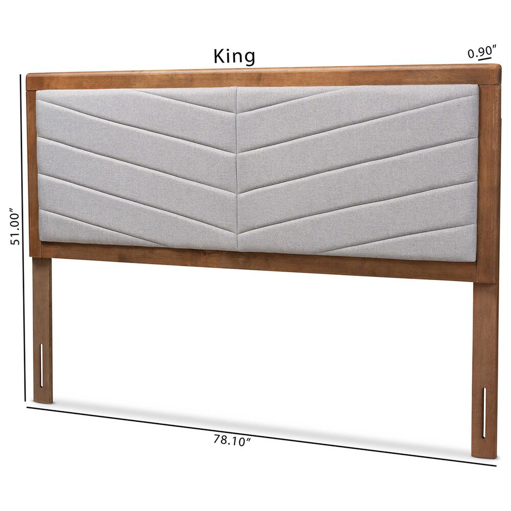 Baxton Studio Iden King Panel Headboard with Light Grey Fabric in Walnut Brown, , large